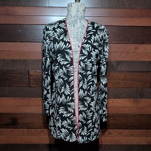 Leslie Fay Black and White Floral Cardigan with Red Accent